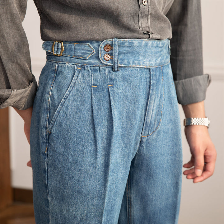 Vintage Denim Broek | Heren geplooide straight fit jeans