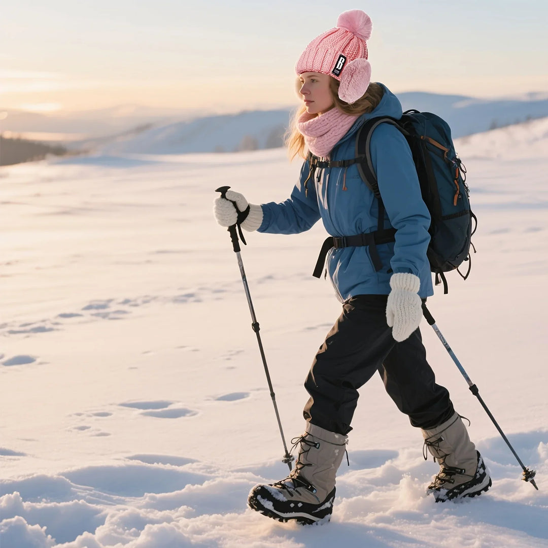 Winter accessoires dames | Gebreide muts met pompon, handschoenen, nekwarmer en oorwarmers set