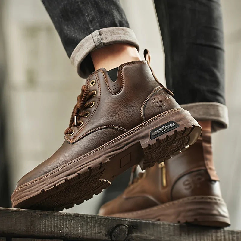 Heren boots | Bruine veterlaarzen met rits en dikke zool