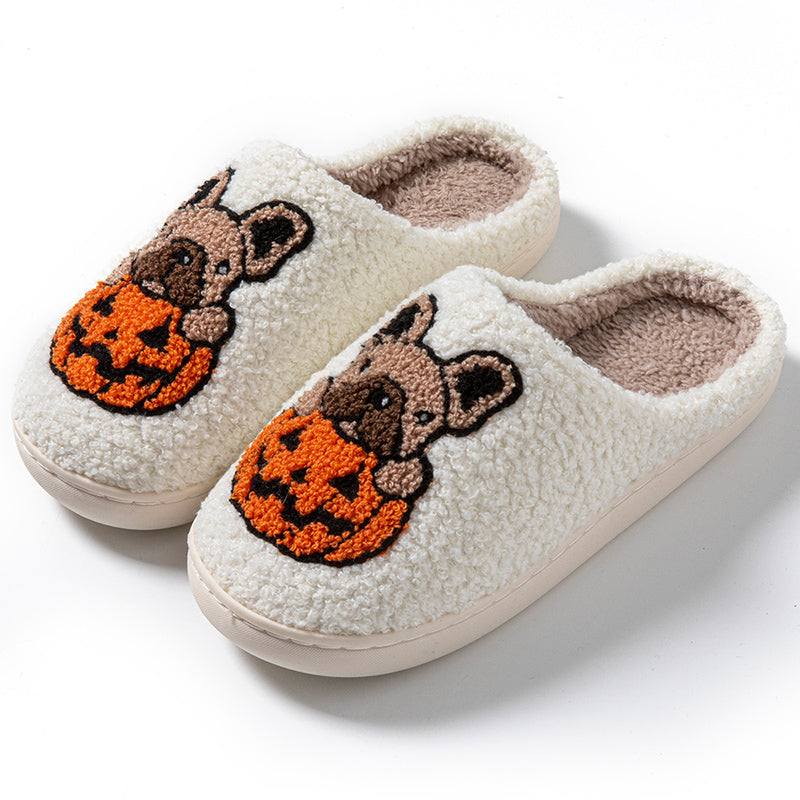 Pumpkin Pup Pantoffels | Warme dames sloffen met hond en pompoenprint