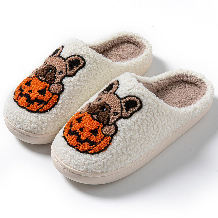 Pumpkin Pup Pantoffels | Warme dames sloffen met hond en pompoenprint