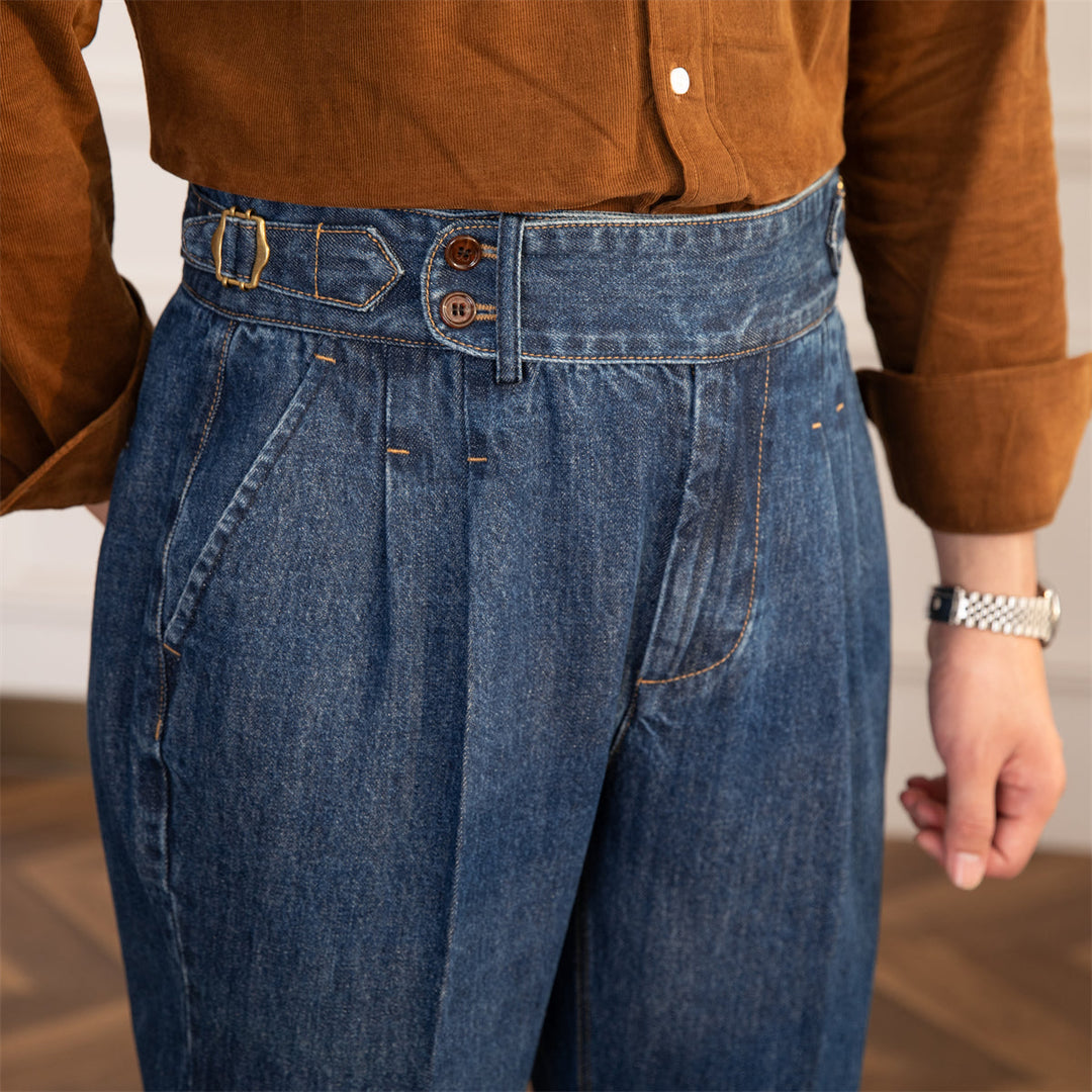 Vintage Denim Broek | Heren geplooide straight fit jeans