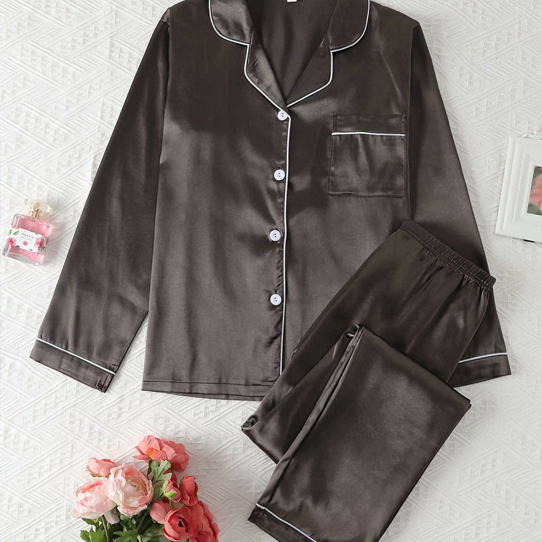 Dames pyjama set met satijnlook | Lange mouwen & knoopsluiting