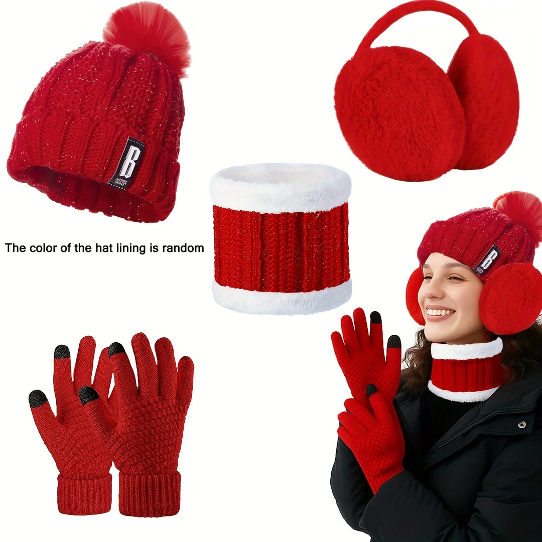 Winter accessoires dames | Gebreide muts met pompon, handschoenen, nekwarmer en oorwarmers set