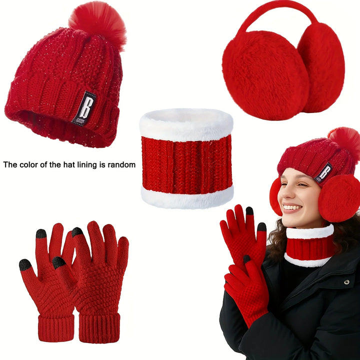 Winter accessoires dames | Gebreide muts met pompon, handschoenen, nekwarmer en oorwarmers set