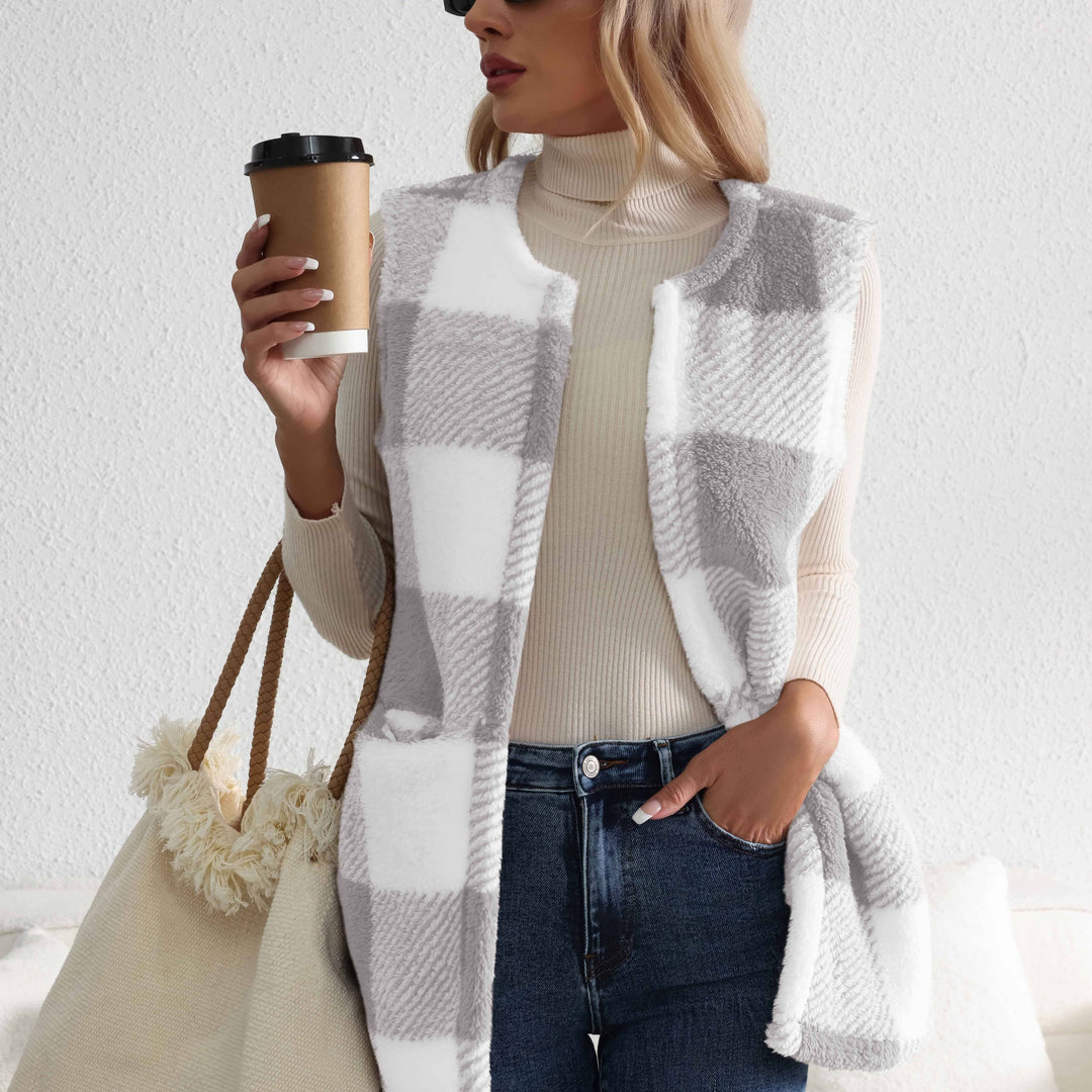 Geruit fleece vest met knopen en zakken