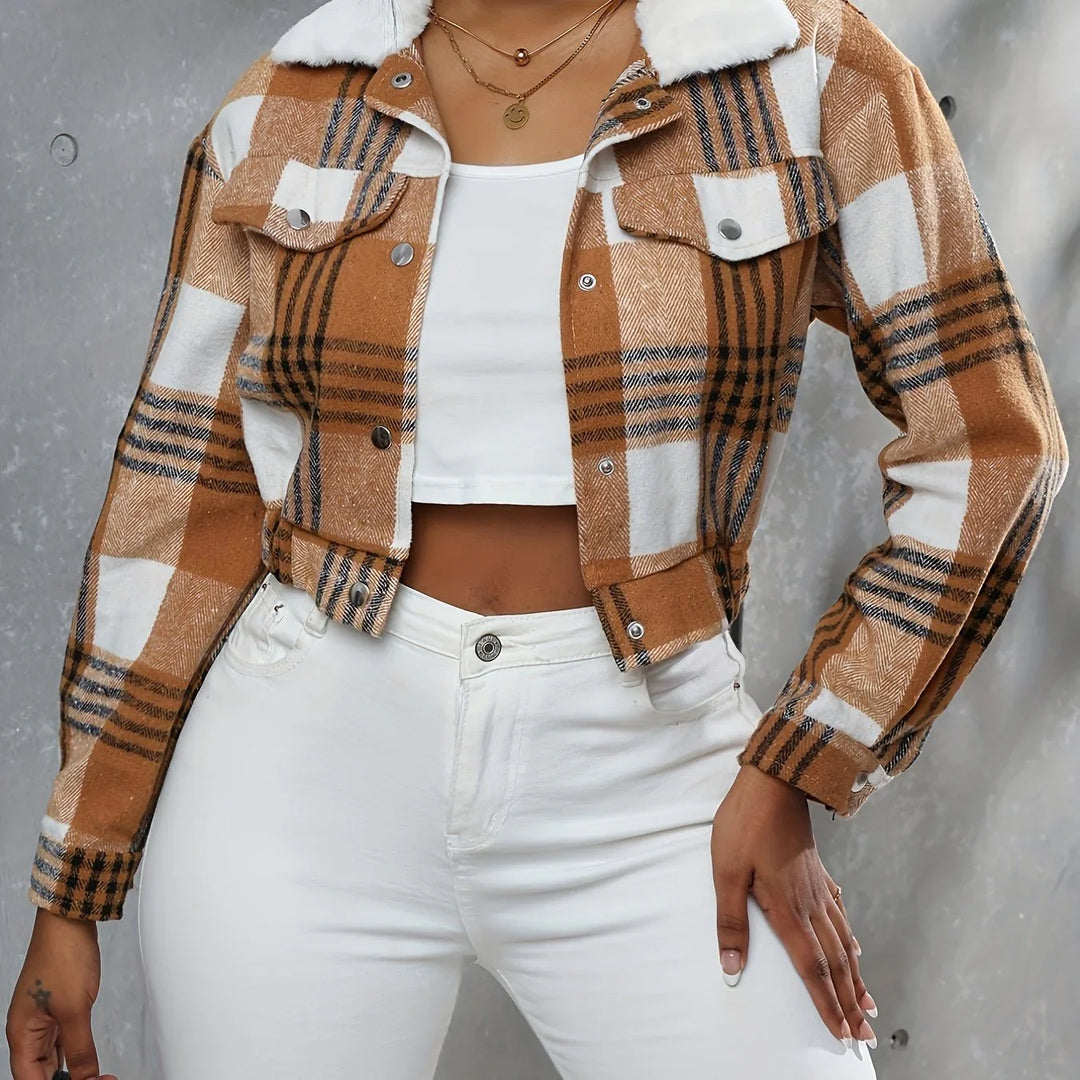 Dames bomberjack | Cropped ruit jas met kraag en knopen