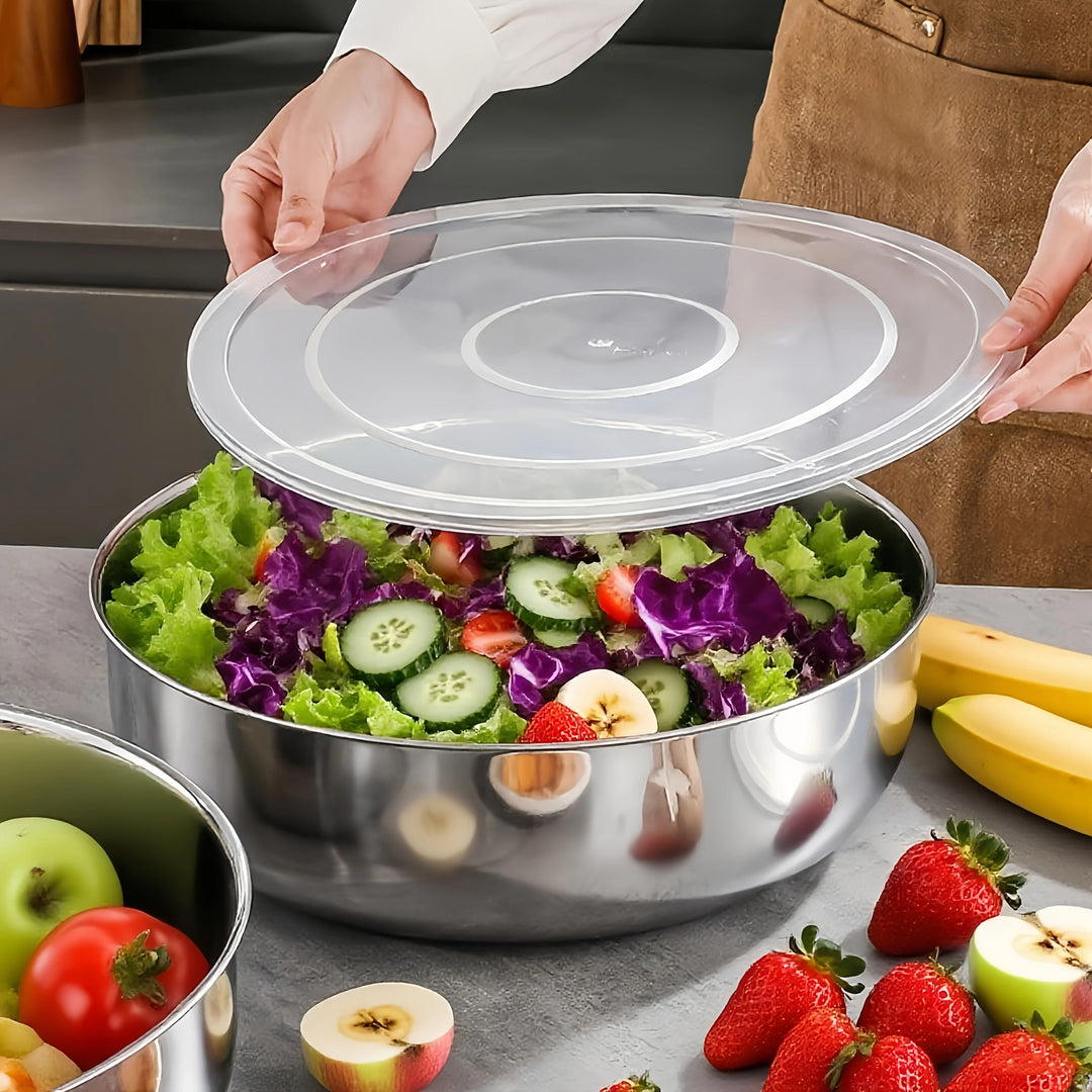 RVS salade kom groot | Roestvrijstalen kom met deksel voor bewaren en serveren