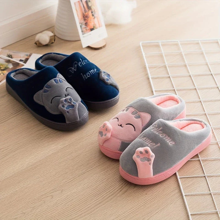 Warme pantoffels met kattenprint | Dames en heren sloffen met antislip zool