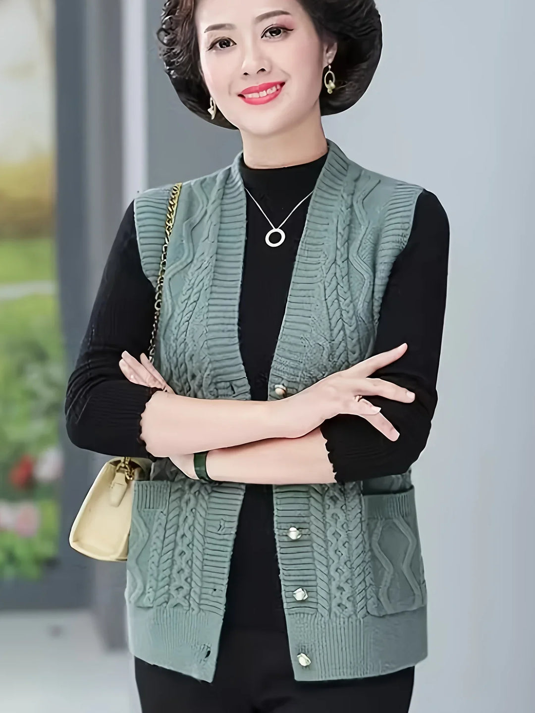 Dames vest | Kabelgebreid mouwloos cardigan met knopen