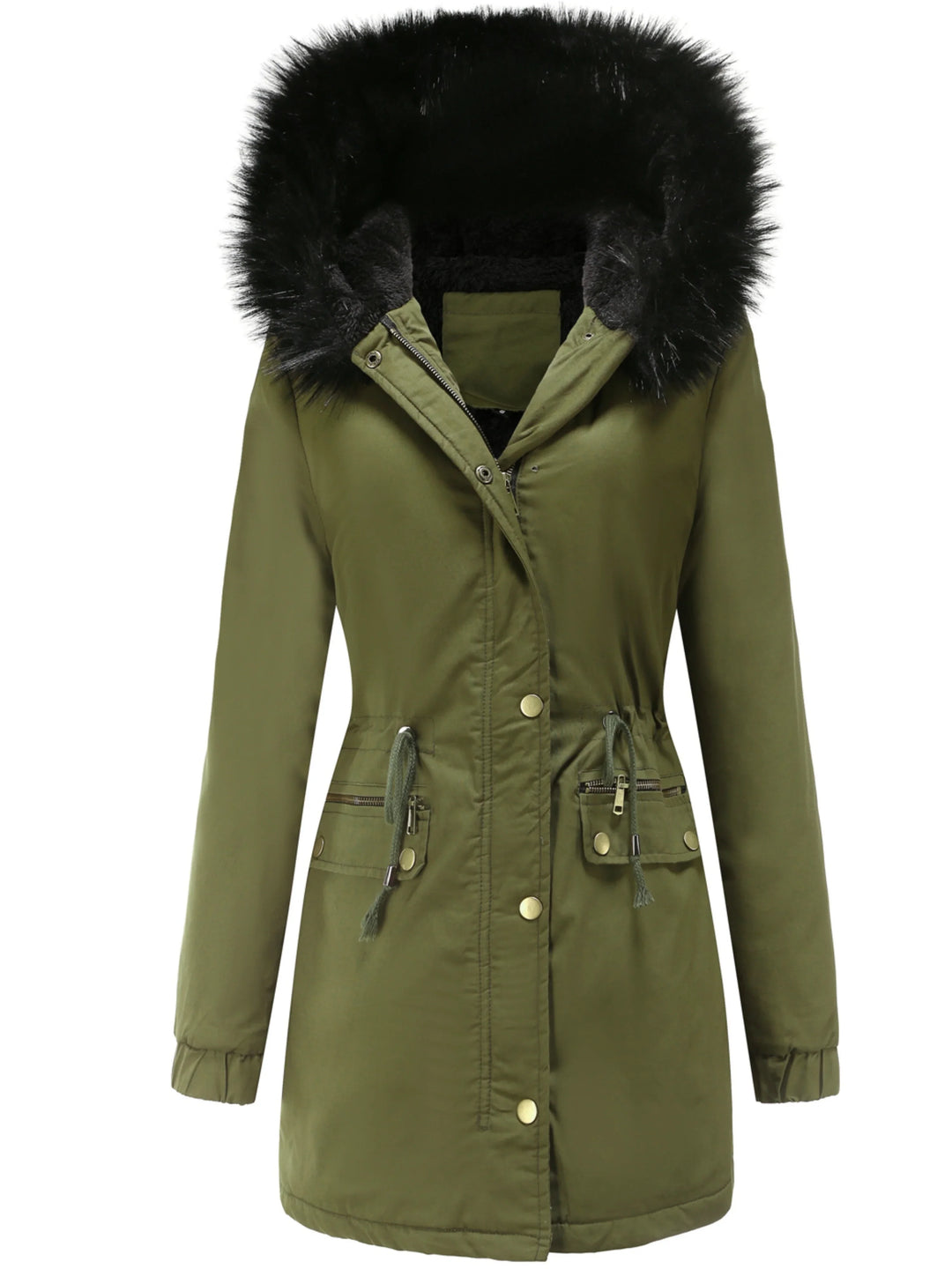 Dames parka jas | Lange winterjas met bontkraag en taillekoord