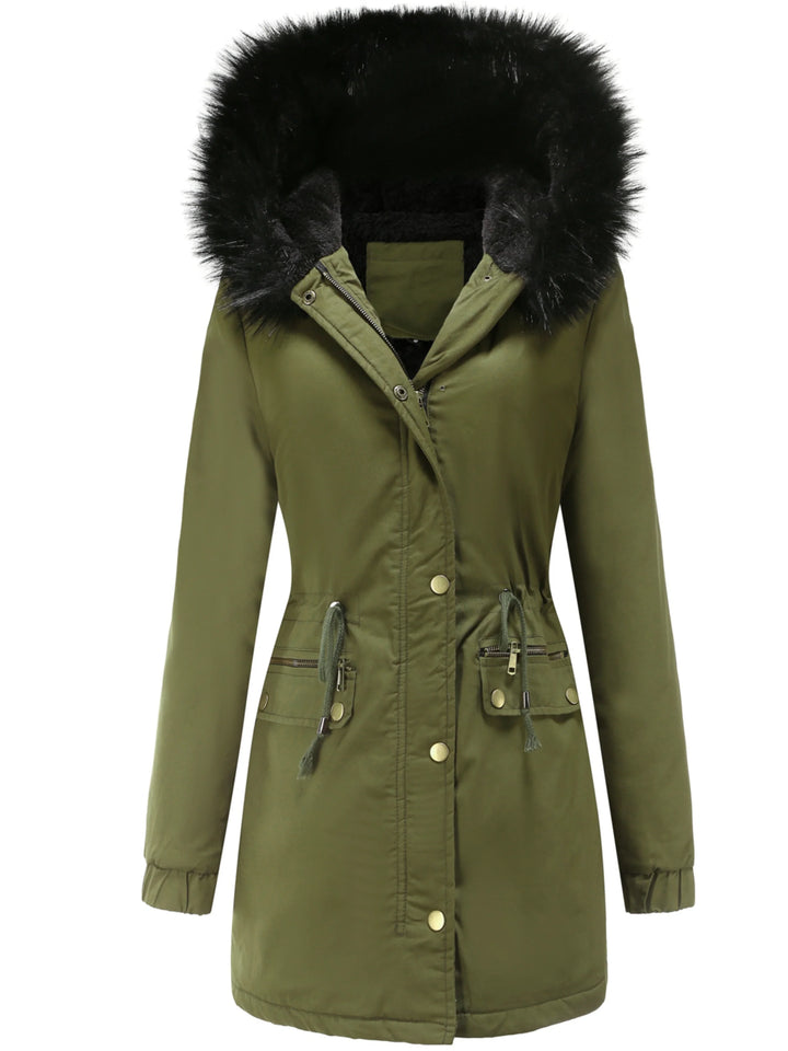 Dames parka jas | Lange winterjas met bontkraag en taillekoord