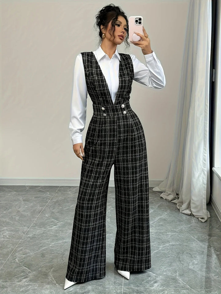 Dames jumpsuit | Ruit broekpak met v-hals en wijde pijpen