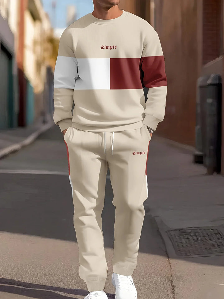 Heren trainingspak | Beige colorblock sweater met joggingbroek