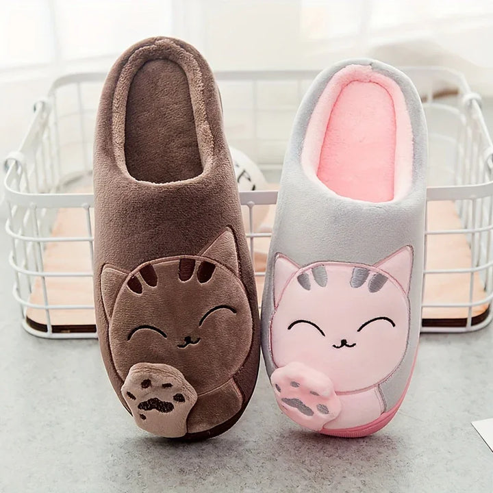 Warme pantoffels met kattenprint | Dames en heren sloffen met antislip zool