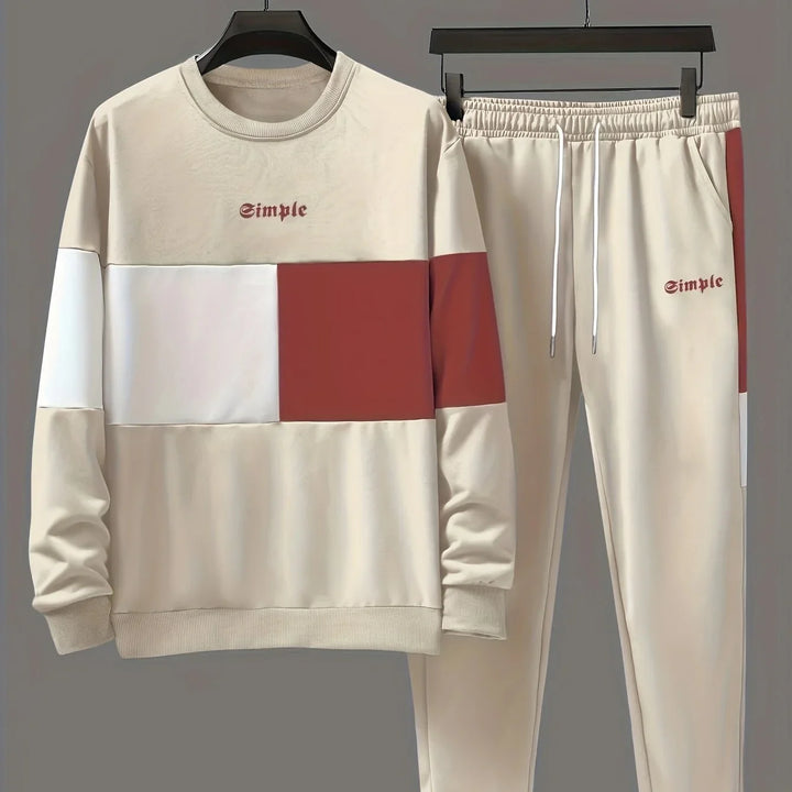 Heren trainingspak | Beige colorblock sweater met joggingbroek