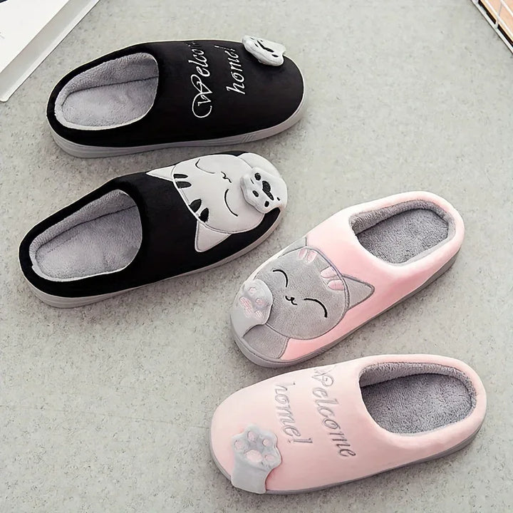 Warme pantoffels met kattenprint | Dames en heren sloffen met antislip zool