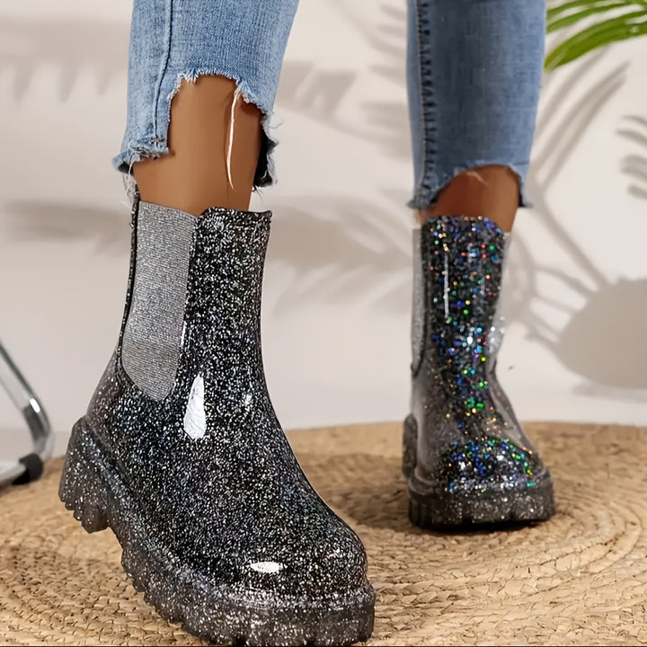 Dames enkellaarsjes | Glitter regenlaarzen met plateauzool