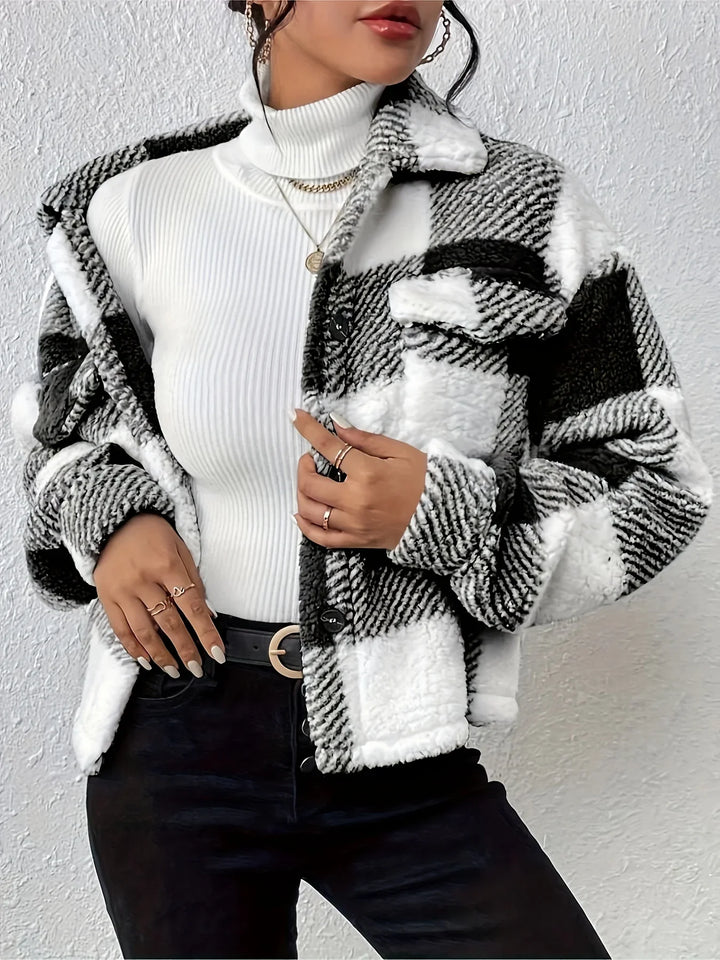 Dames teddy jas | Zwart wit ruitprint tussenjas met knopen