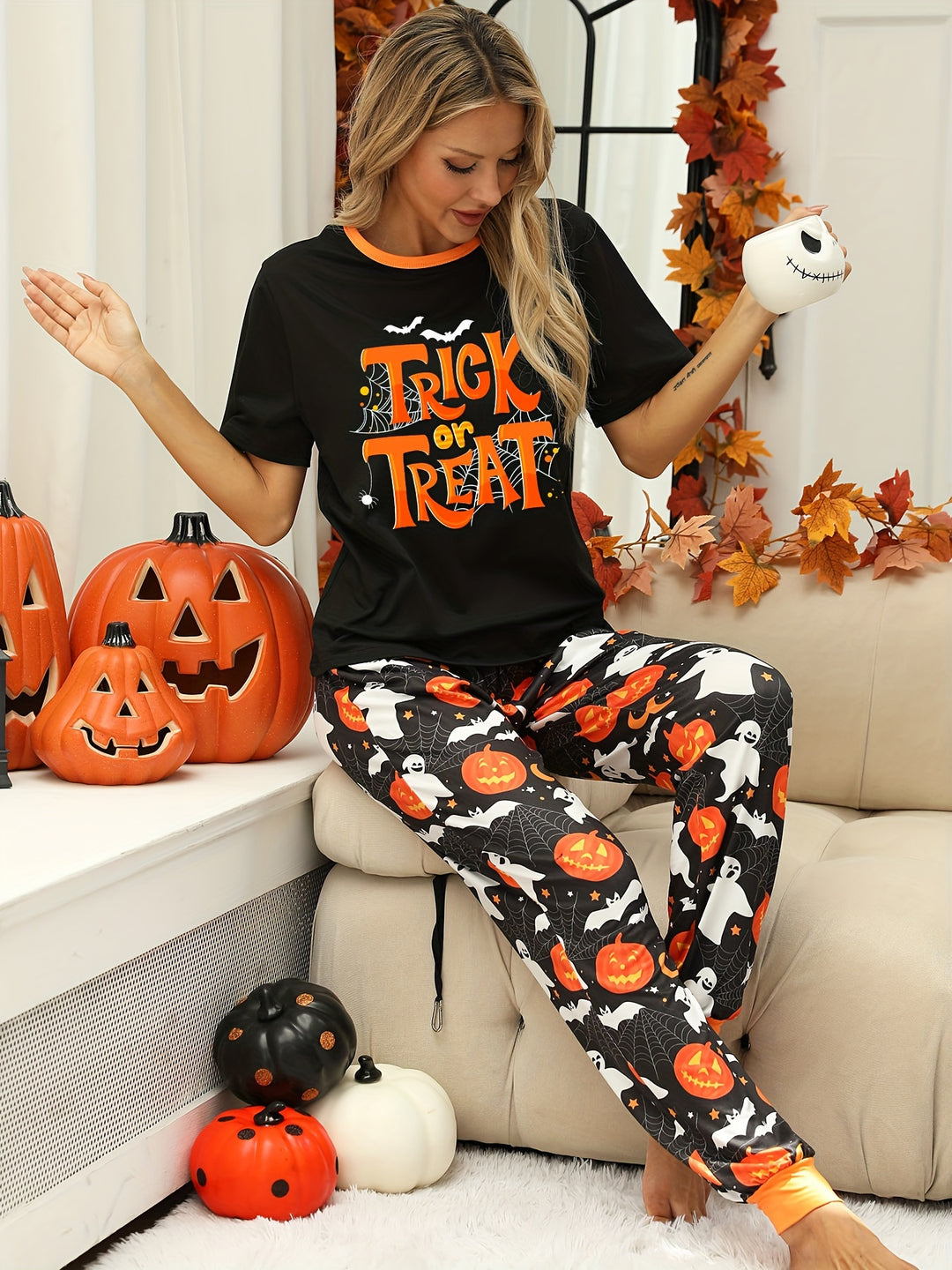 Halloween dames pyjama set | Comfortabele pyjama met pompoen & spook print