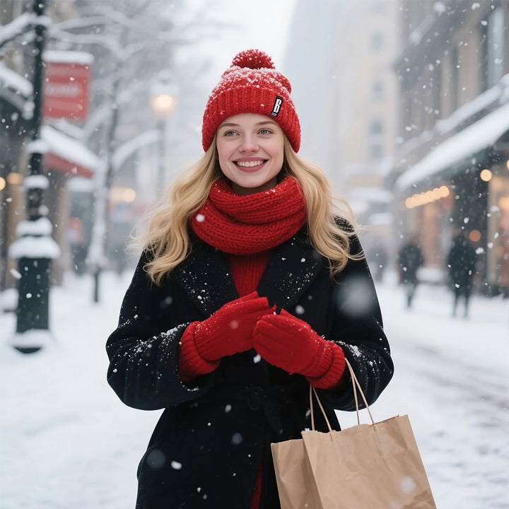 Winter accessoires dames | Gebreide muts met pompon, handschoenen, nekwarmer en oorwarmers set