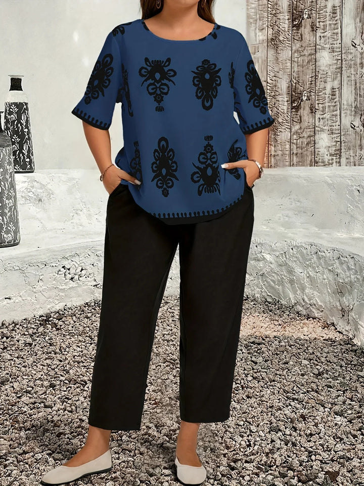 Dames set | Plus size co ord outfit met print top en broek