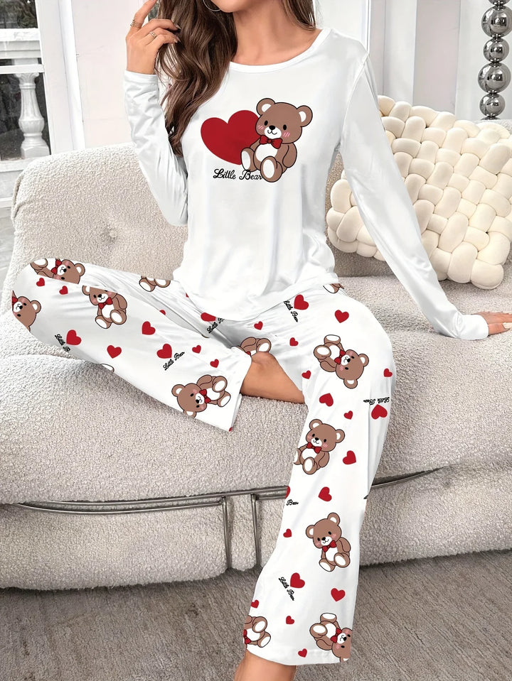 Dames pyjama set | Teddybeer print met lange mouwen