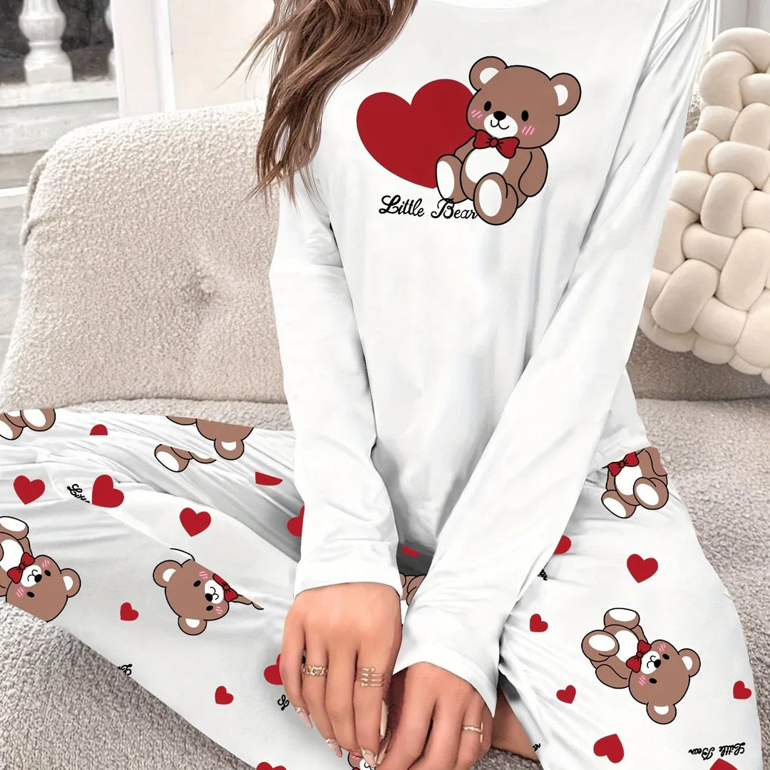 Dames pyjama set | Teddybeer print met lange mouwen