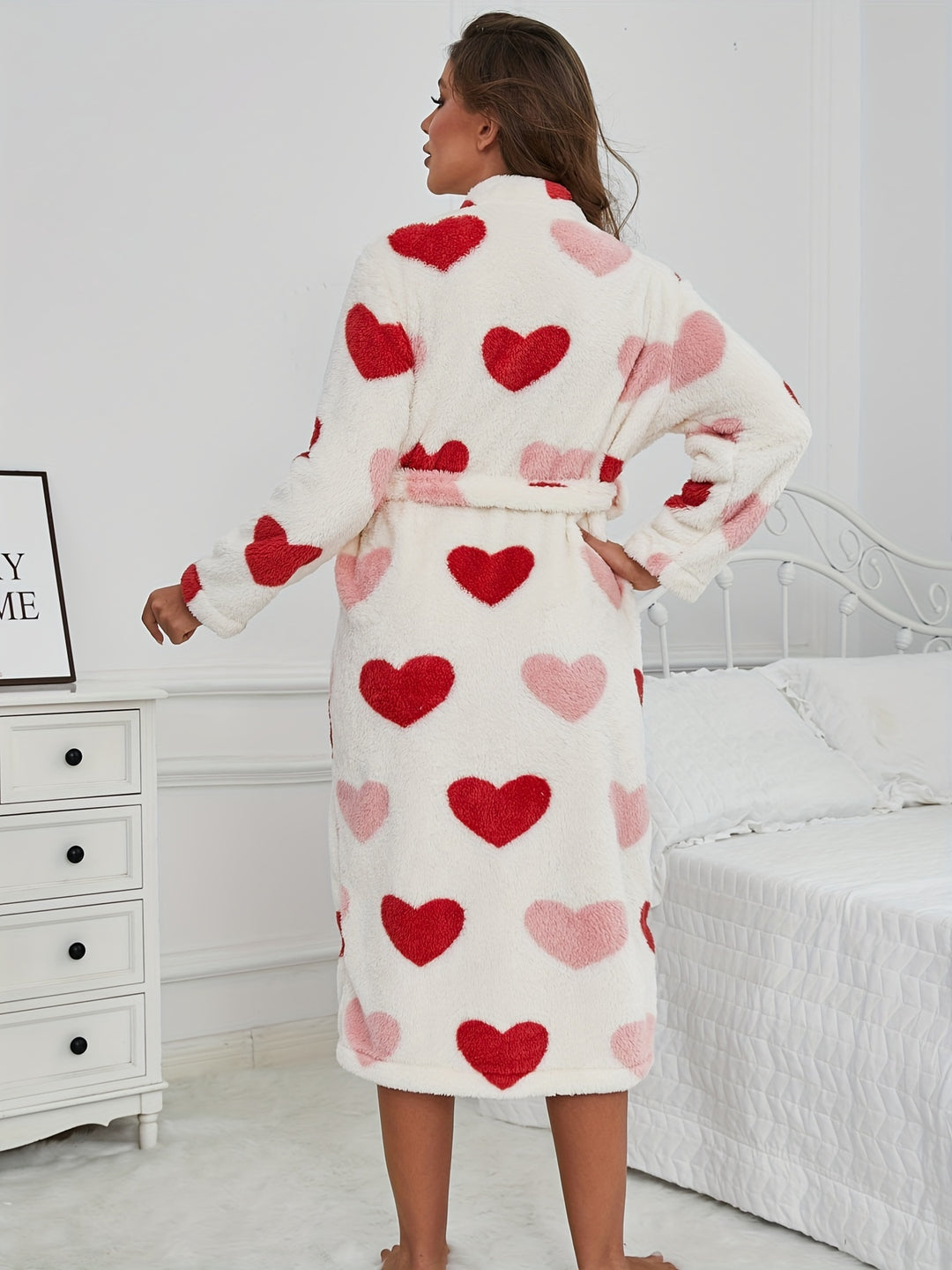 Badjas dames | Warme badjas met hartjesprint voor winter & herfst
