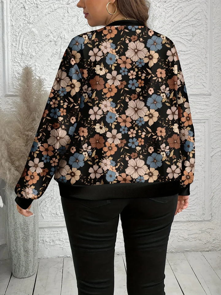 Dames bomber jacket | Zwarte bloemen jas met rits en lange mouw