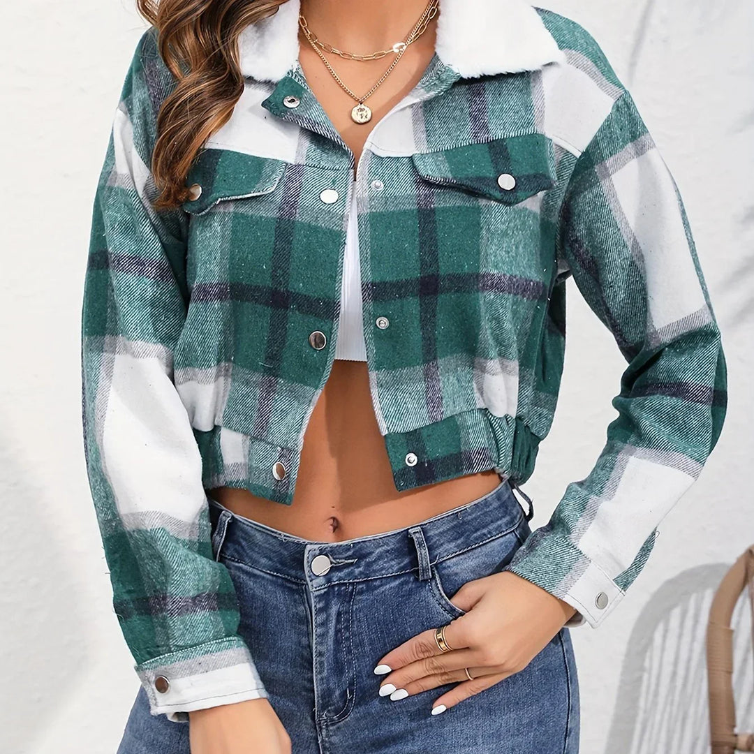 Dames bomberjack | Cropped ruit jas met kraag en knopen