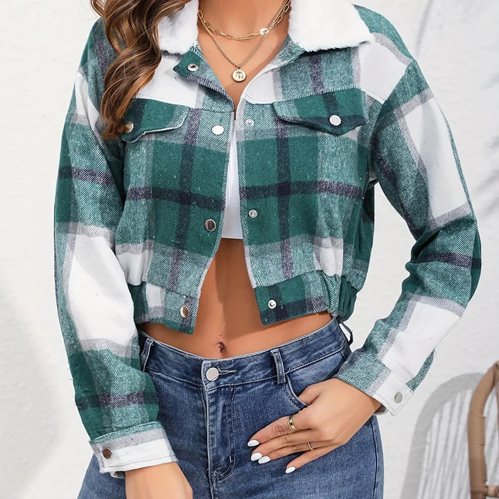 Dames bomberjack | Cropped ruit jas met kraag en knopen