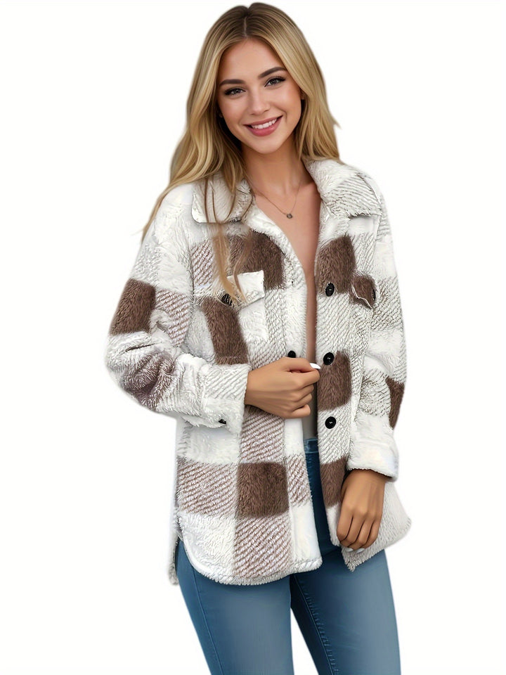 Dames geruite teddy jas | Warme tussenjas met knoopsluiting en borstzakken