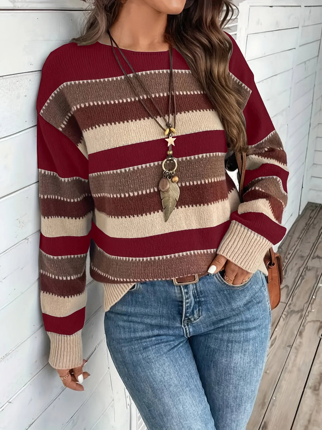 Dames trui | Gestreepte sweater met ronde hals in herfstkleuren