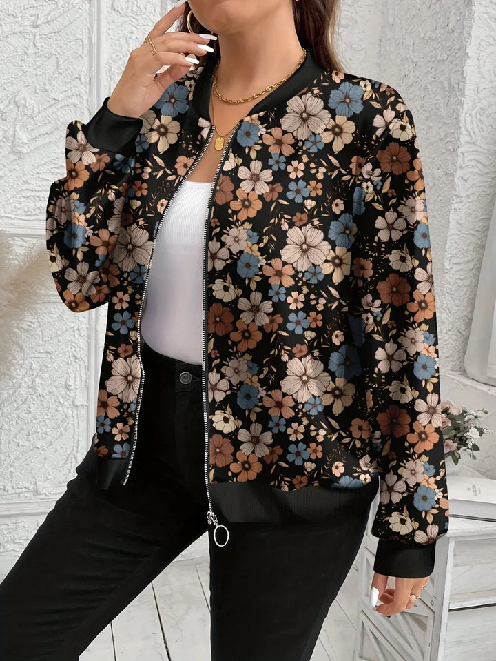 Dames bomber jacket | Zwarte bloemen jas met rits en lange mouw