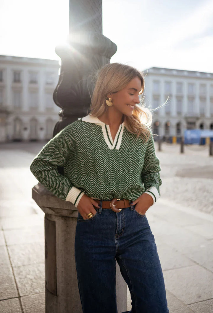 Dames trui | Groene V-hals pullover in gebreide stijl