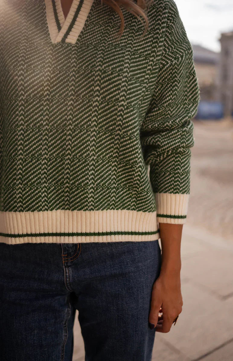 Dames trui | Groene V-hals pullover in gebreide stijl