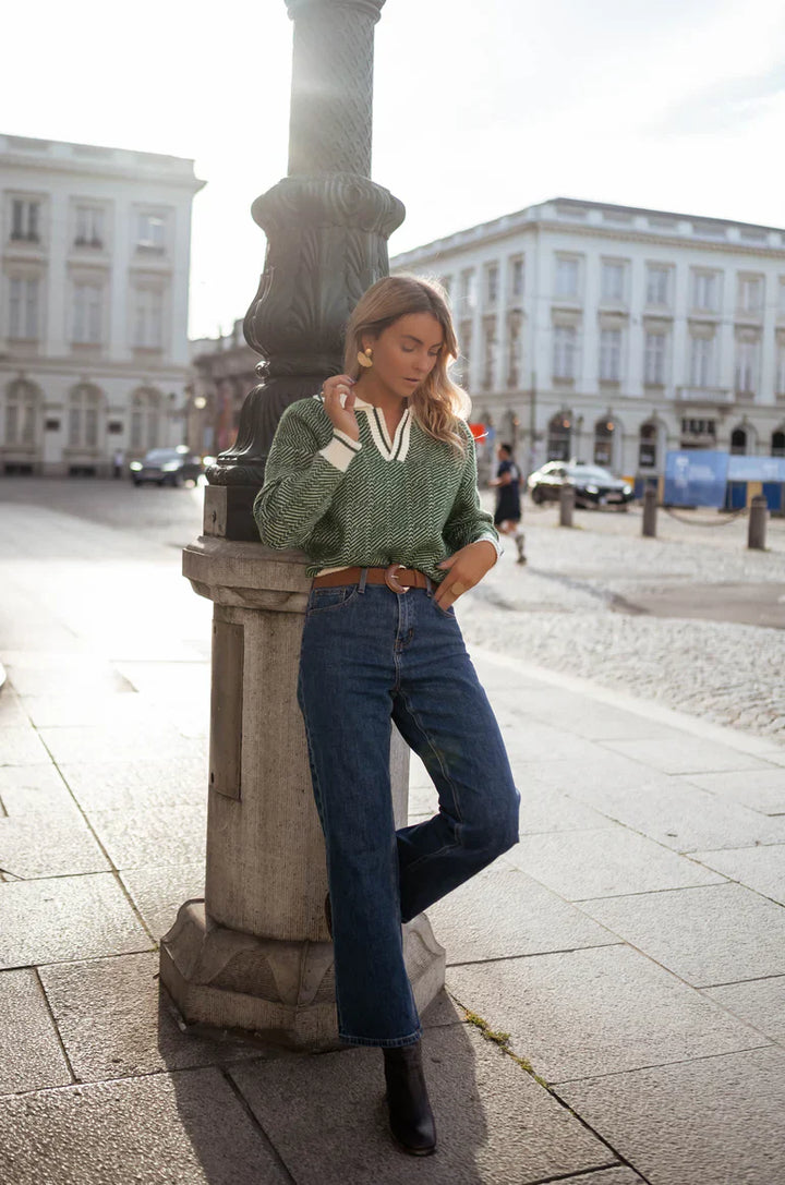 Dames trui | Groene V-hals pullover in gebreide stijl