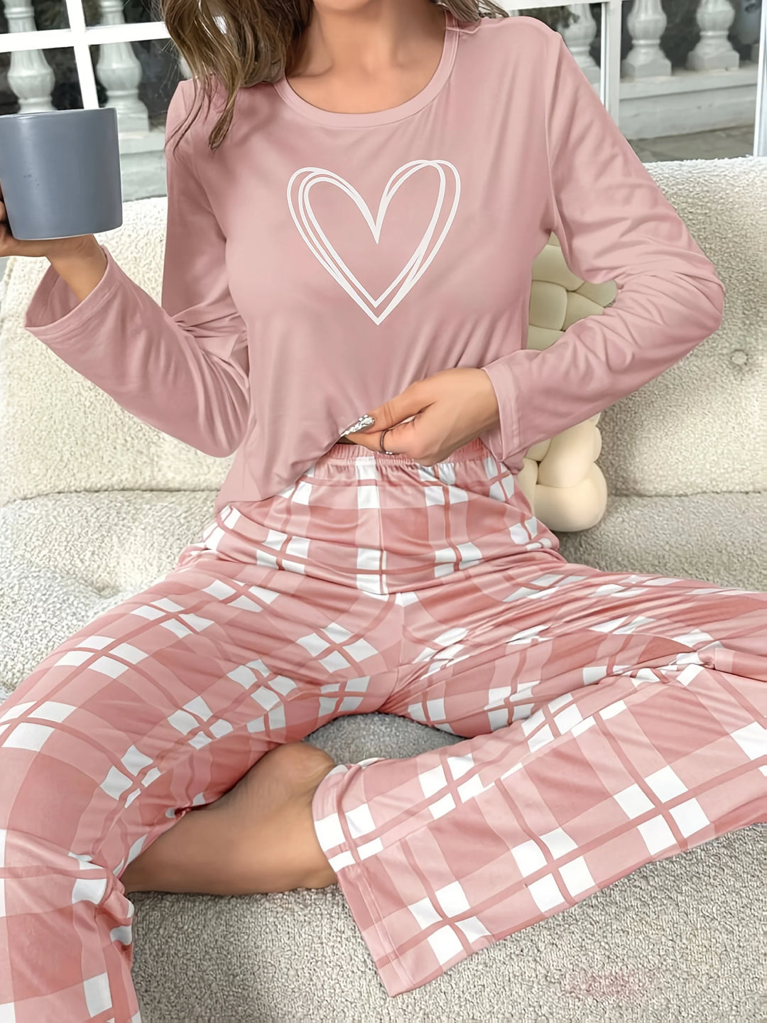 Dames pyjama set met hartprint en geruite broek | Lange mouwen