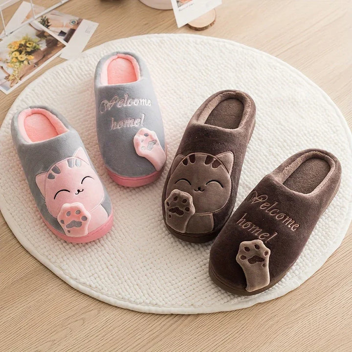 Warme pantoffels met kattenprint | Dames en heren sloffen met antislip zool