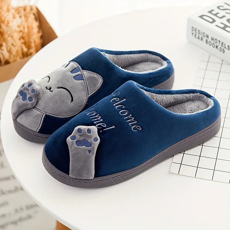 Warme pantoffels met kattenprint | Dames en heren sloffen met antislip zool