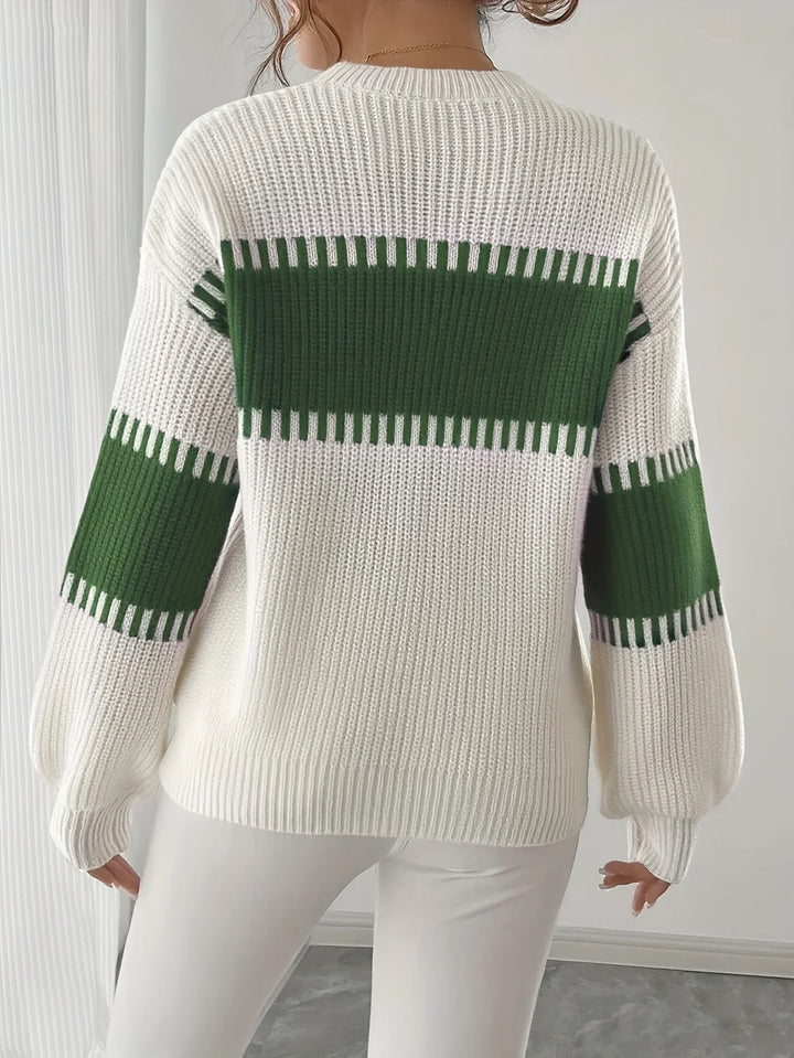 Dames trui | Gebreide sweater met strepen en ronde hals
