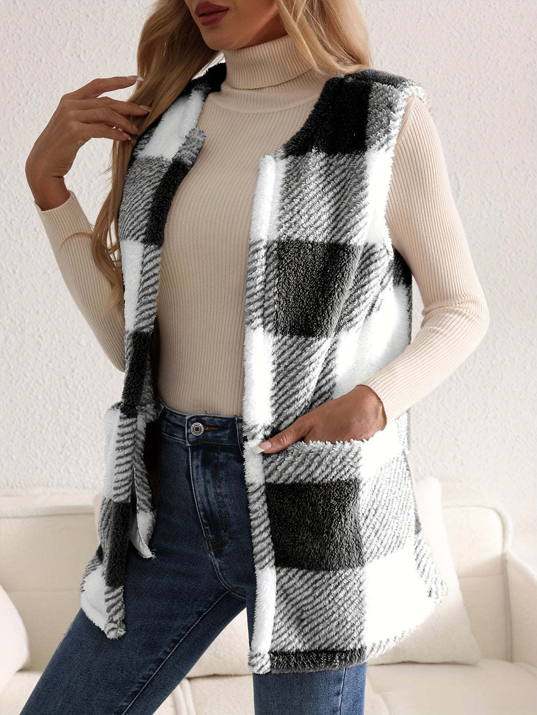 Geruit fleece vest met knopen en zakken
