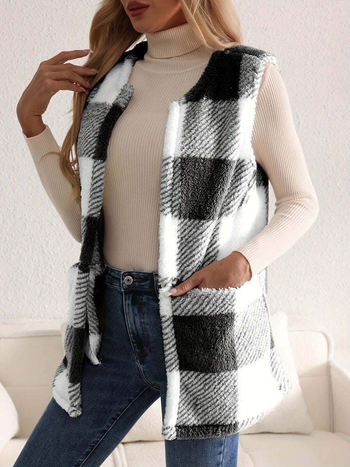 Geruit fleece vest met knopen en zakken