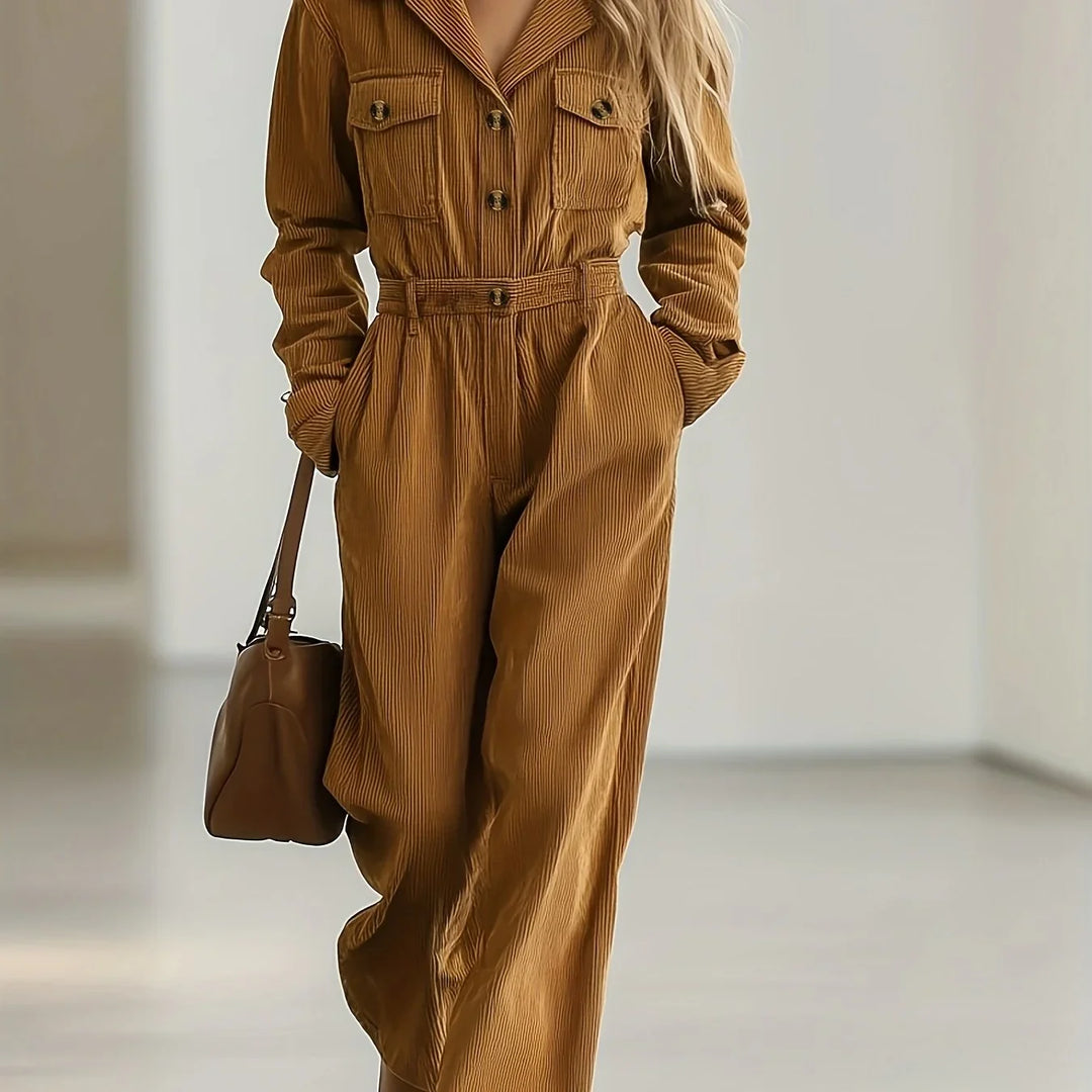 Dames jumpsuit | Corduroy broekpak bruin met knopen en lange mouw