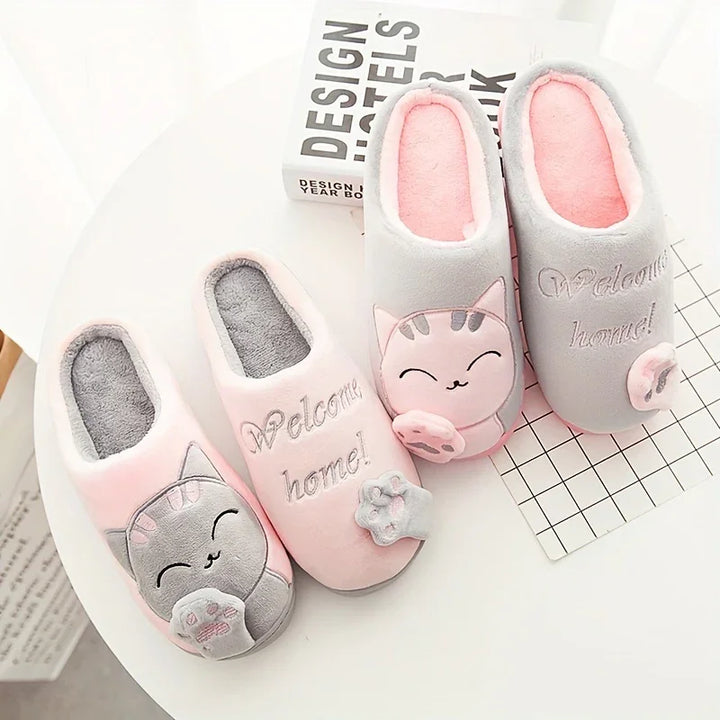 Warme pantoffels met kattenprint | Dames en heren sloffen met antislip zool
