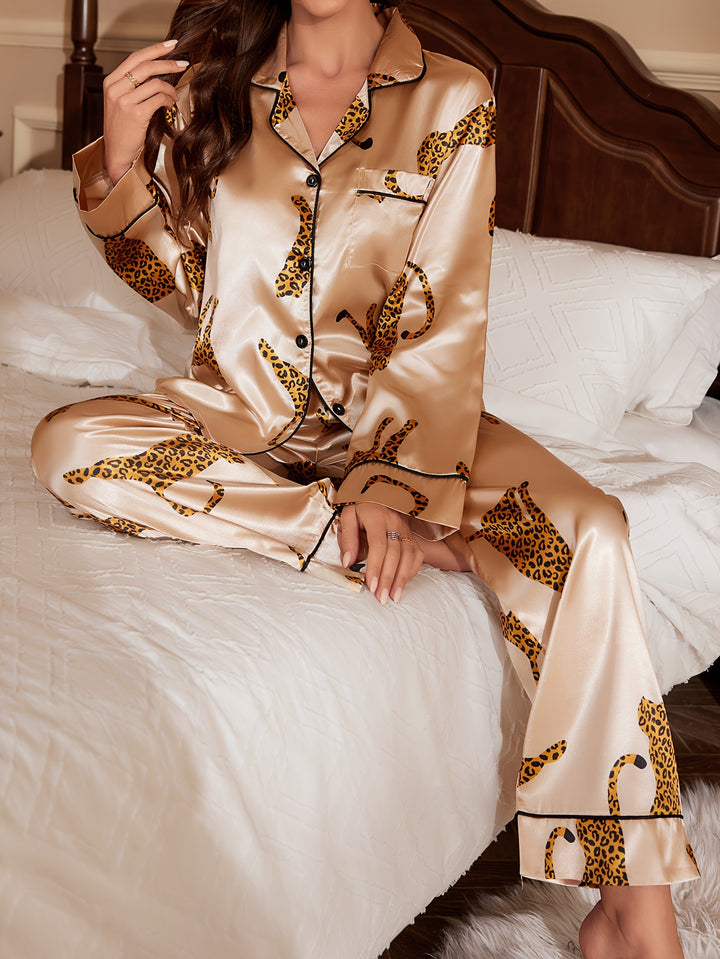 Dames pyjama set | Satijnen pyjama met luipaardprint