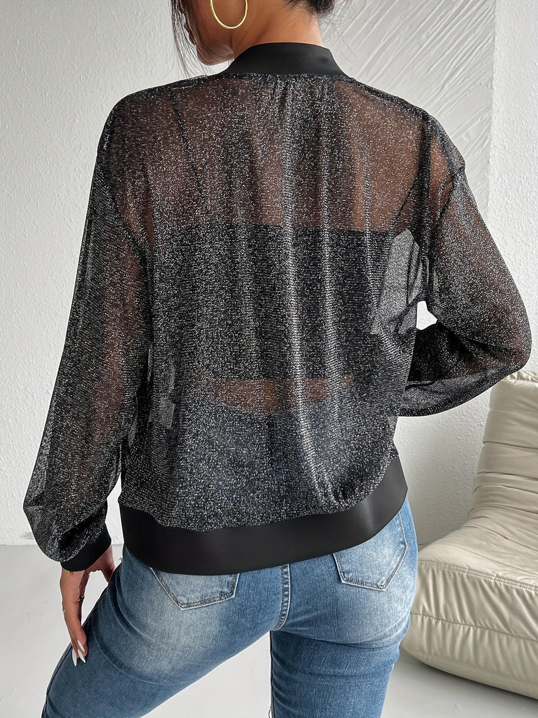 Dames bomberjack | Zwart mesh jas met glitter en rits
