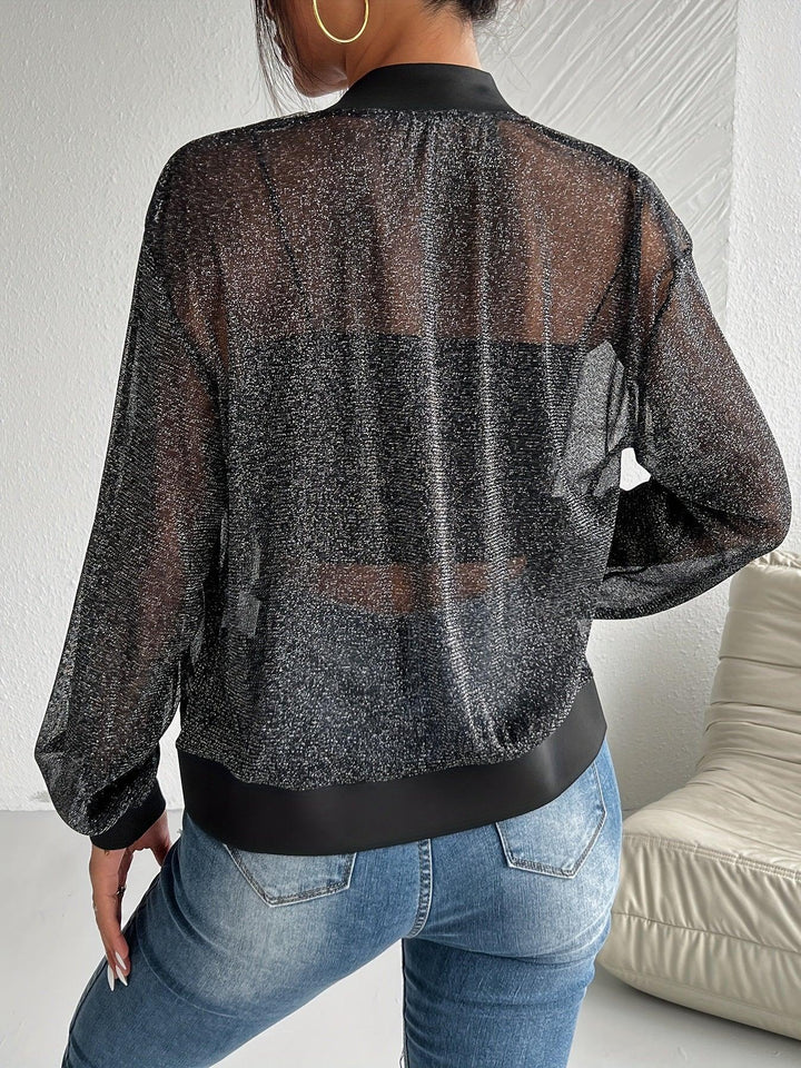 Dames bomberjack | Zwart mesh jas met glitter en rits