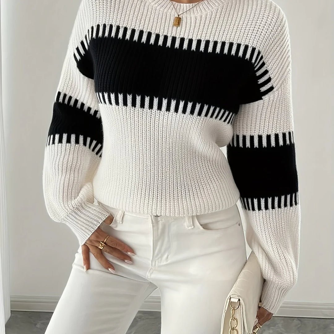 Dames trui | Gebreide sweater met strepen en ronde hals
